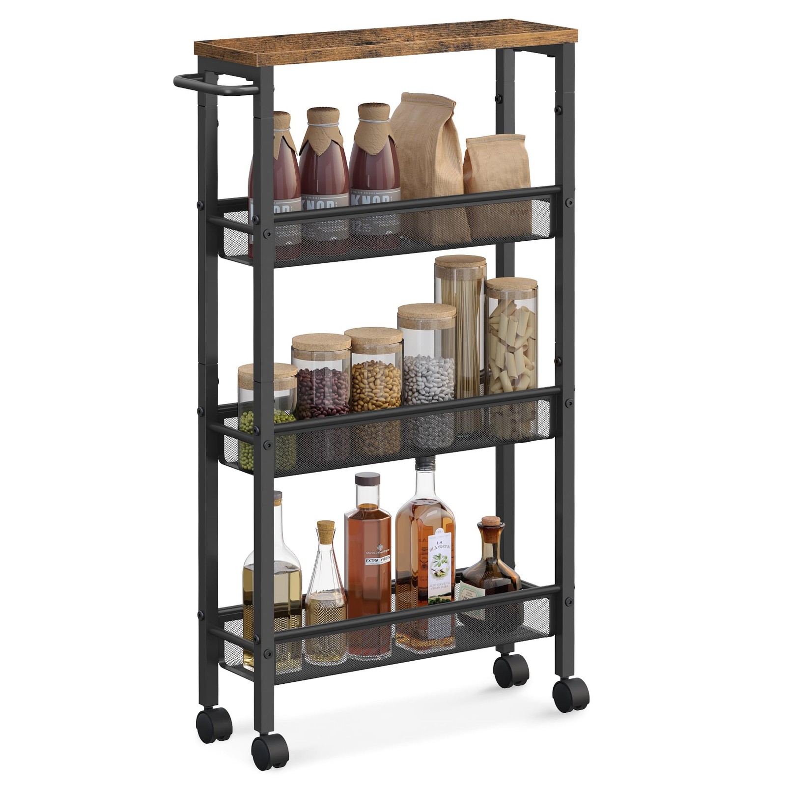 Slim Rolling Cart, 4-Tier Narrow Storage Cart with Handle, 5.1 Inches Deep, M...