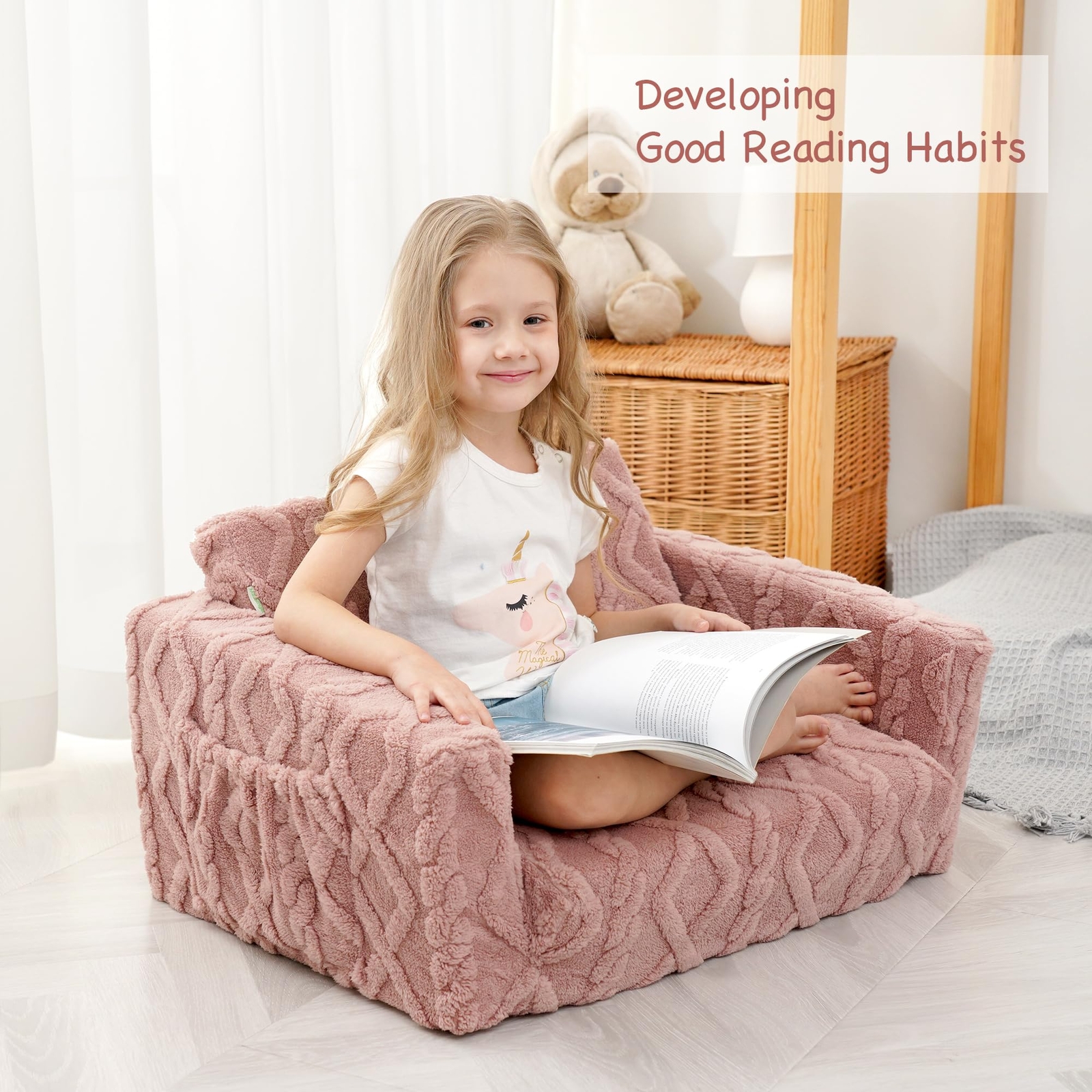 Kids Sofa Toddler Chair 2-in-1 Flannel Kids Fold Out Couch Toddler Convertibl...