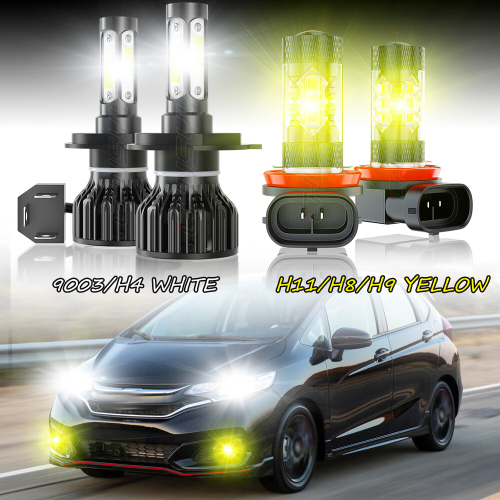 6000K White LED Headlight+4500K Yellow Fog Light Bulbs For Honda Fit 2006-2020