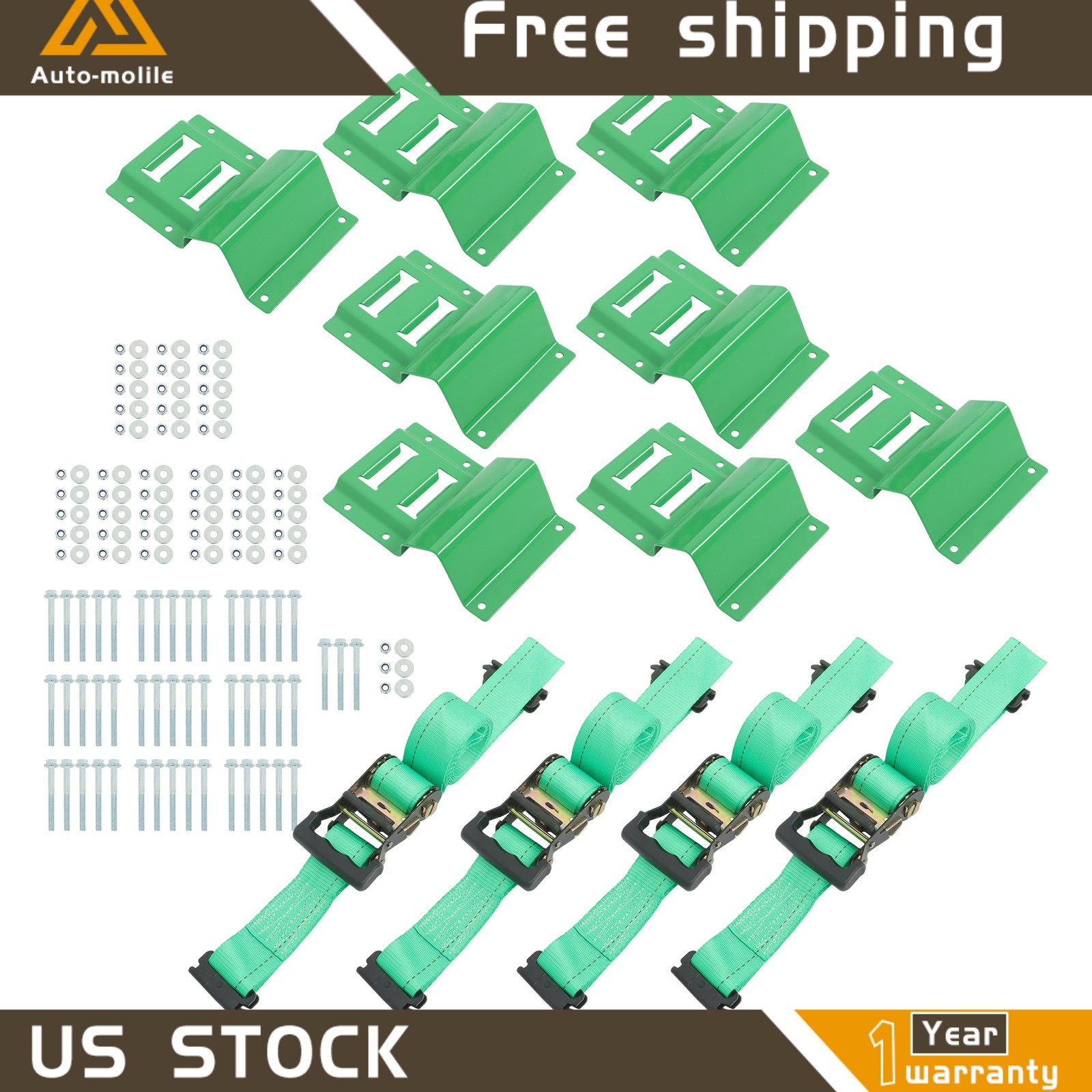 E Track Wheel Chock Tie Down System 8' Green Ratchet Straps Durable Secure Cargo
