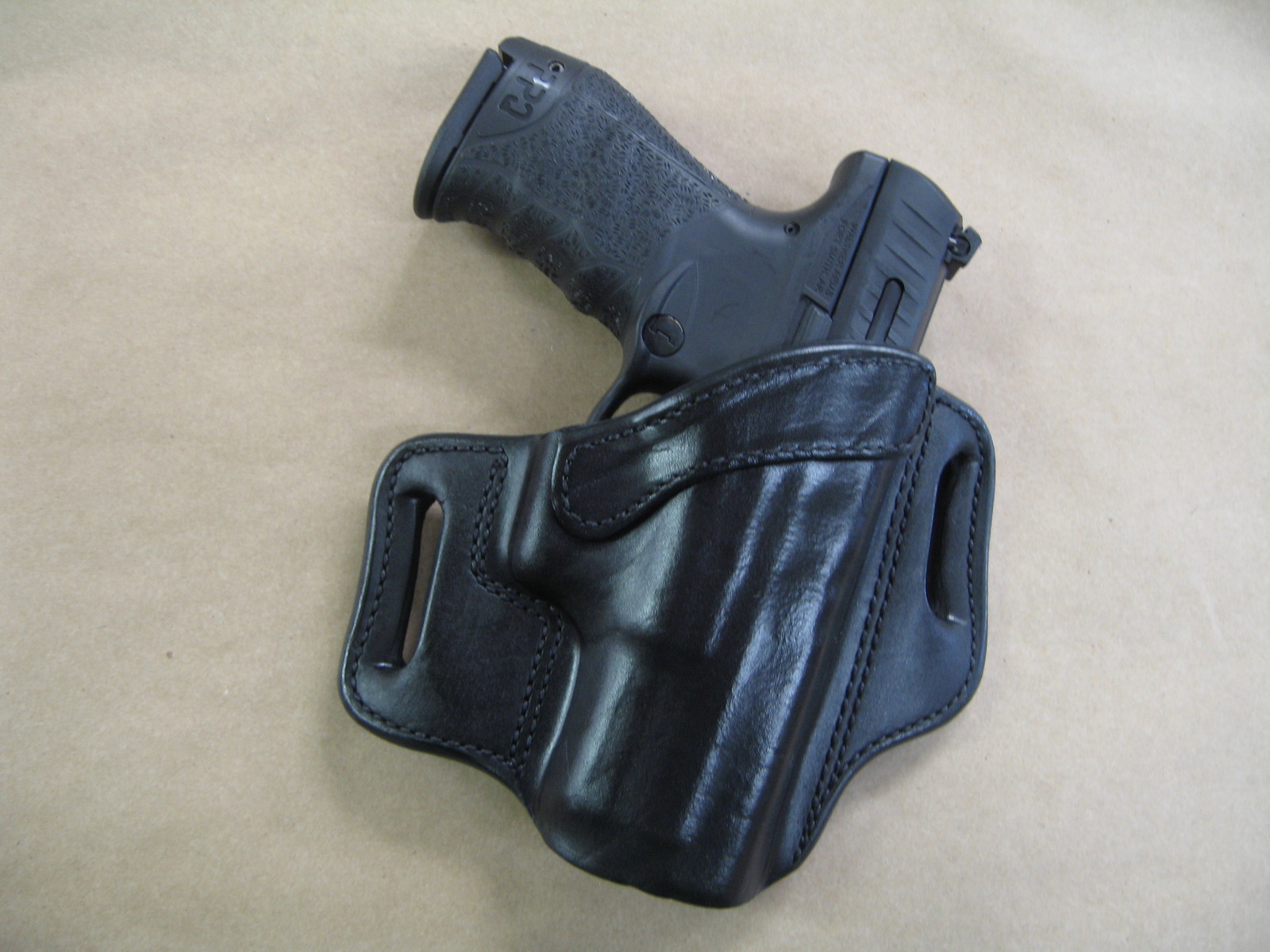 Walther PPQ M2 45 OWB Leather 2 Slot Molded Pancake Belt Holster CCW BLACK RH