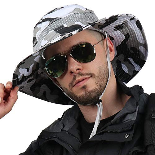 Mens Fishing Hat Wide Large Brim Sun Hat with One Size Light Grey Camouflage