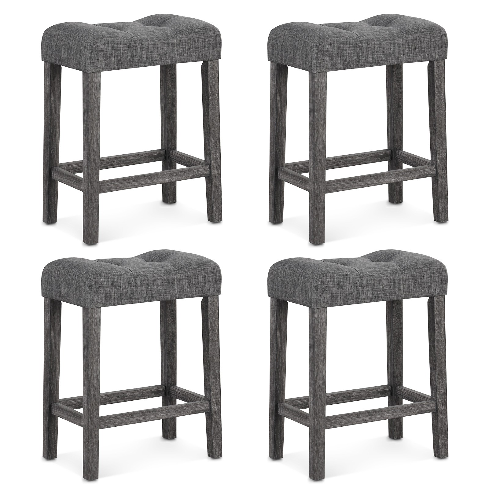 24" Saddle Bar Stools Set of 4 w/ Footrest Rubber Wood Frame for Kitchen Island