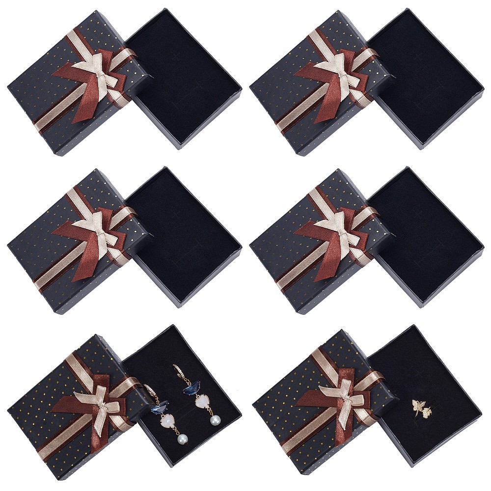 6pcs Rectangle Cardboard Jewelry boxes Velours inside with Bowknot Black