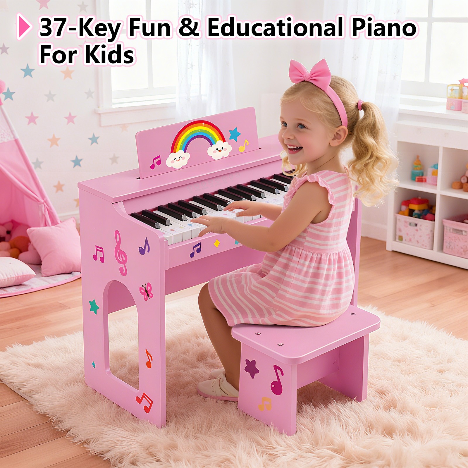 Wood 37Key Kids Pink Digital Piano Keyboard Toddler Toys Music Education w/Stool