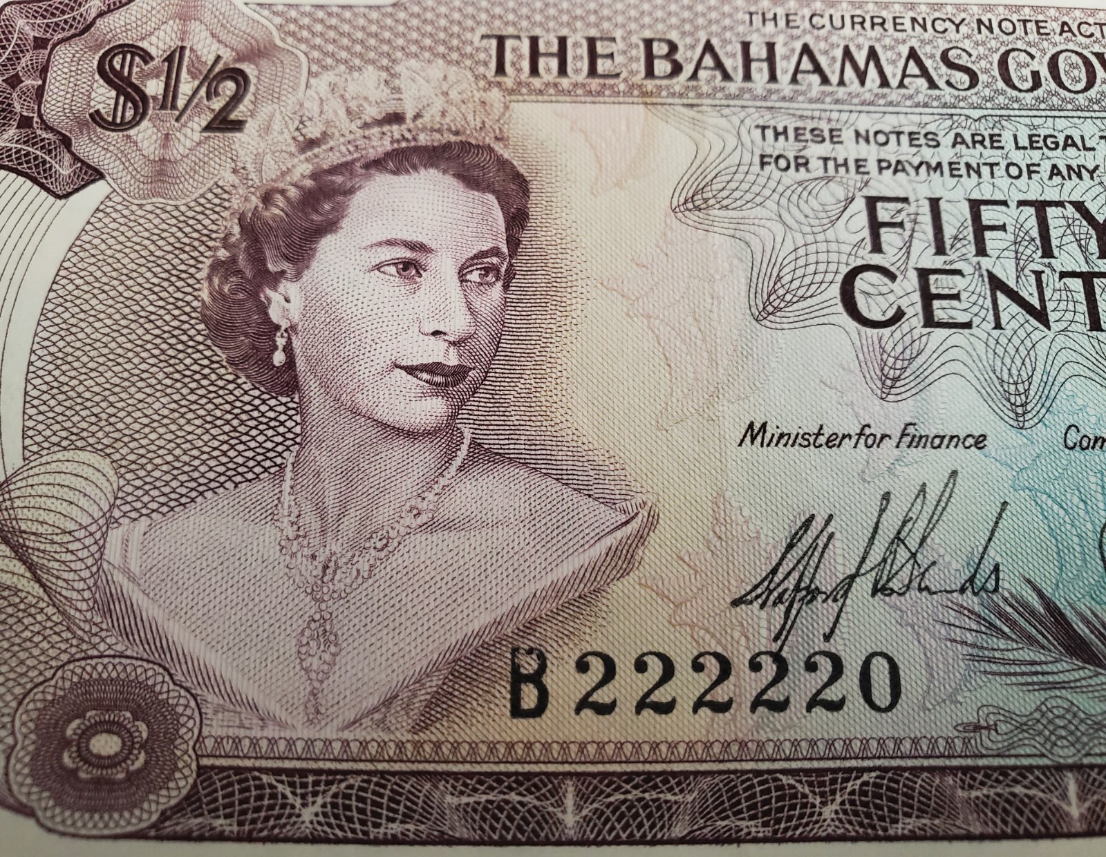 Fancy BINARY Serial Number 1965 Bahamas Government 50 Cents P#17a UNC
