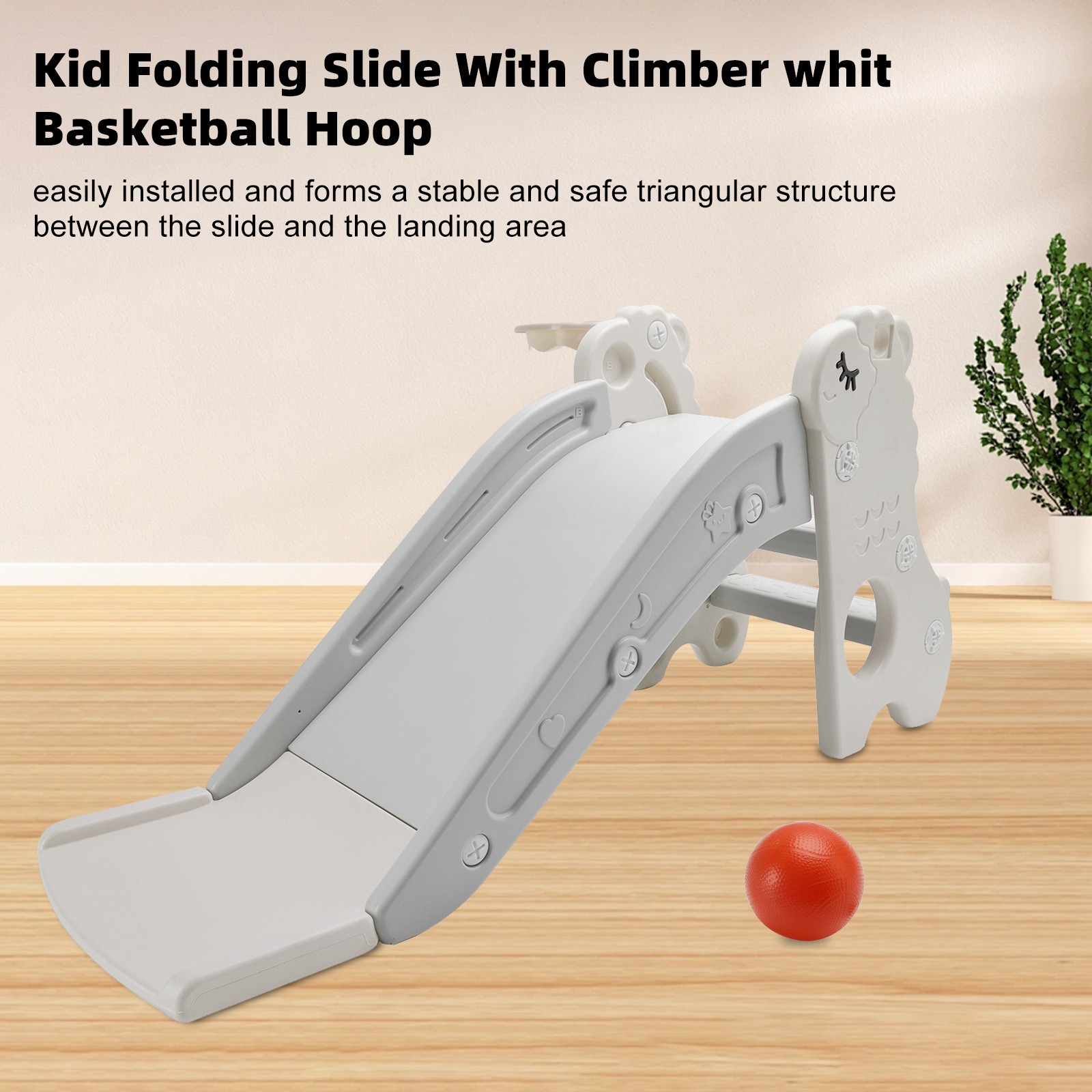 3In1 Kid Folding Slide With Climbe  Basketball Hoop Freestanding Slide Toy White