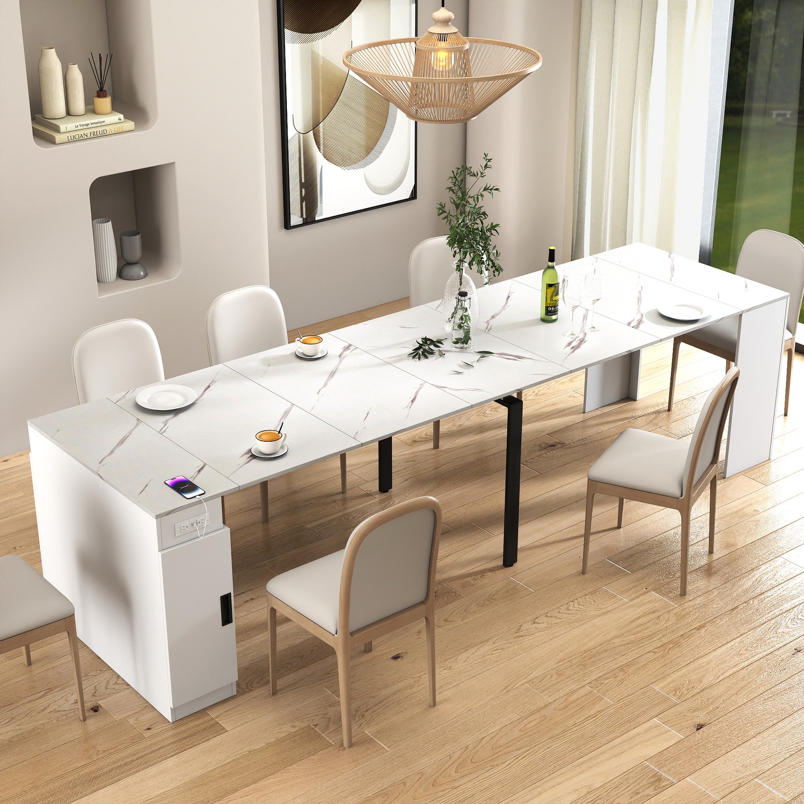 Modern Multifunctional Extendable Dining Table with Outlet, Space Saving Table