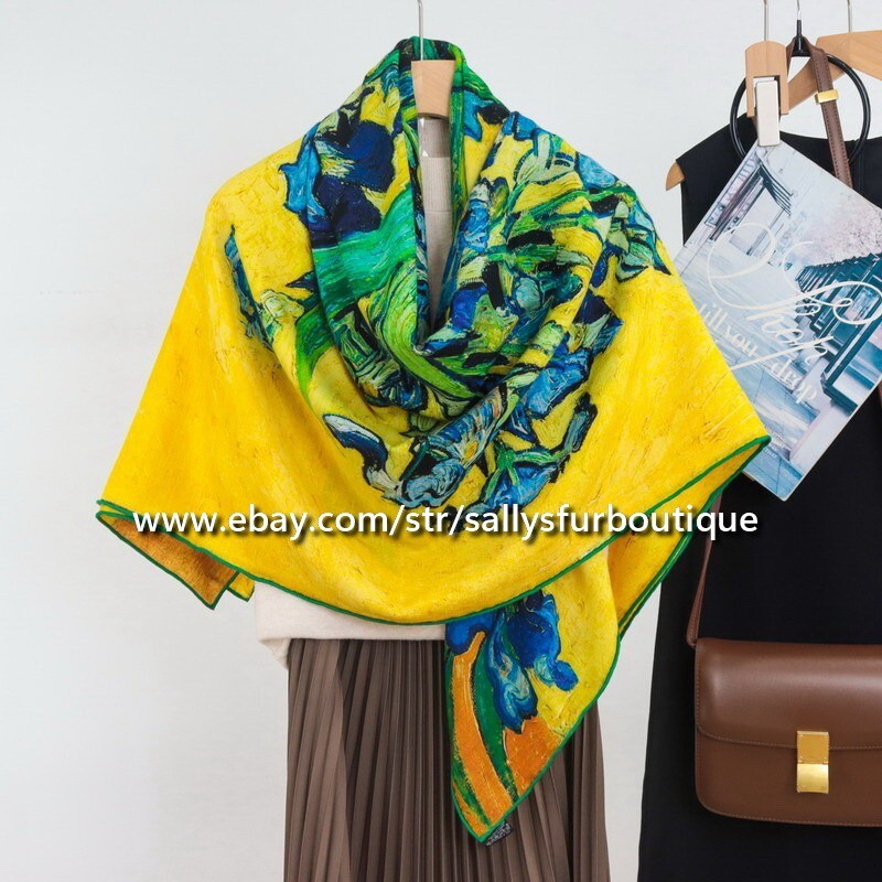 Sallys 70% Cashmere 30% Silk Wrap Scarf Iris Print Double Face Square Shawl 53"