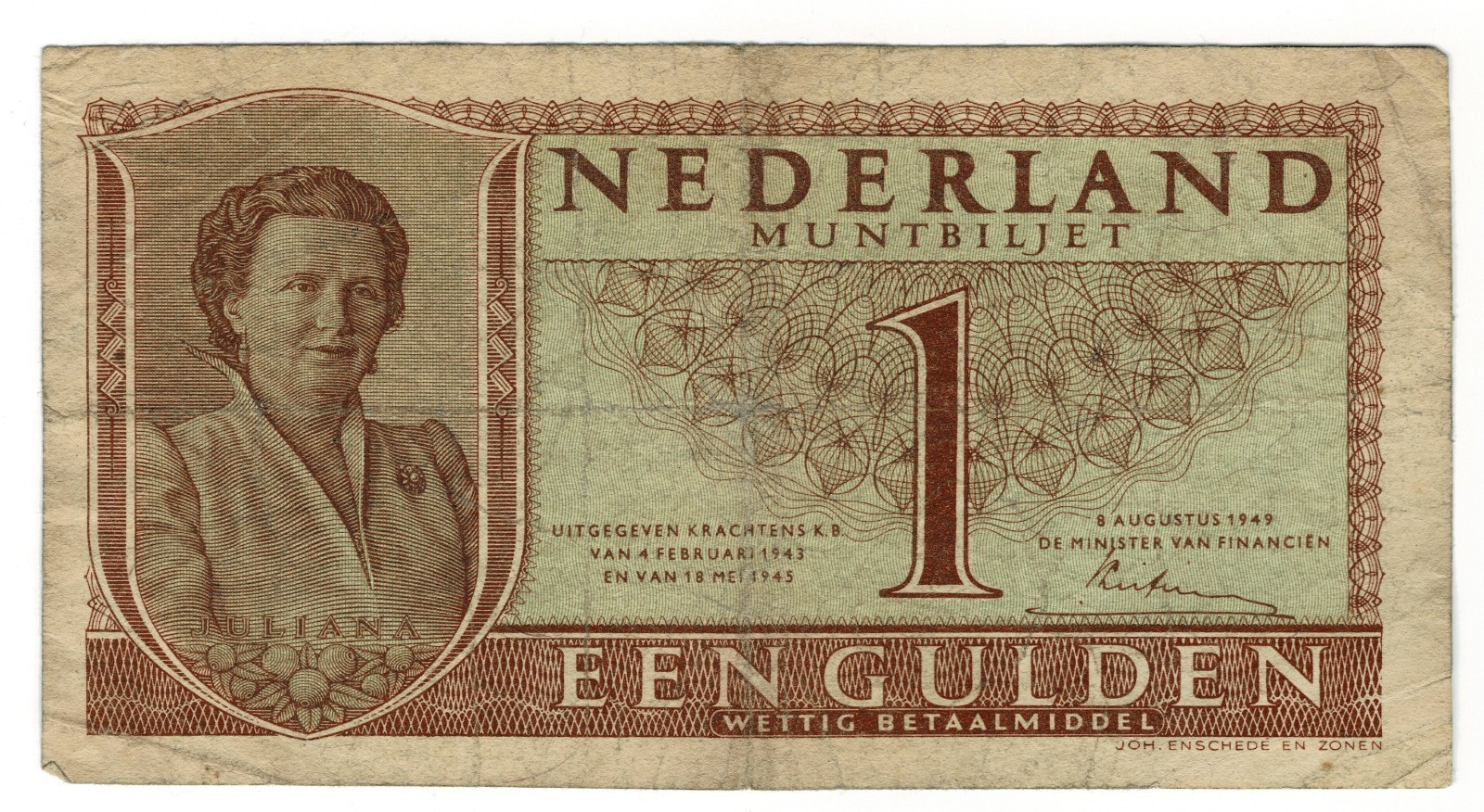 Netherlands 1 Gulden 1949 P-72 Muntbiljet "Coin Note" Queen Juliana Banknote