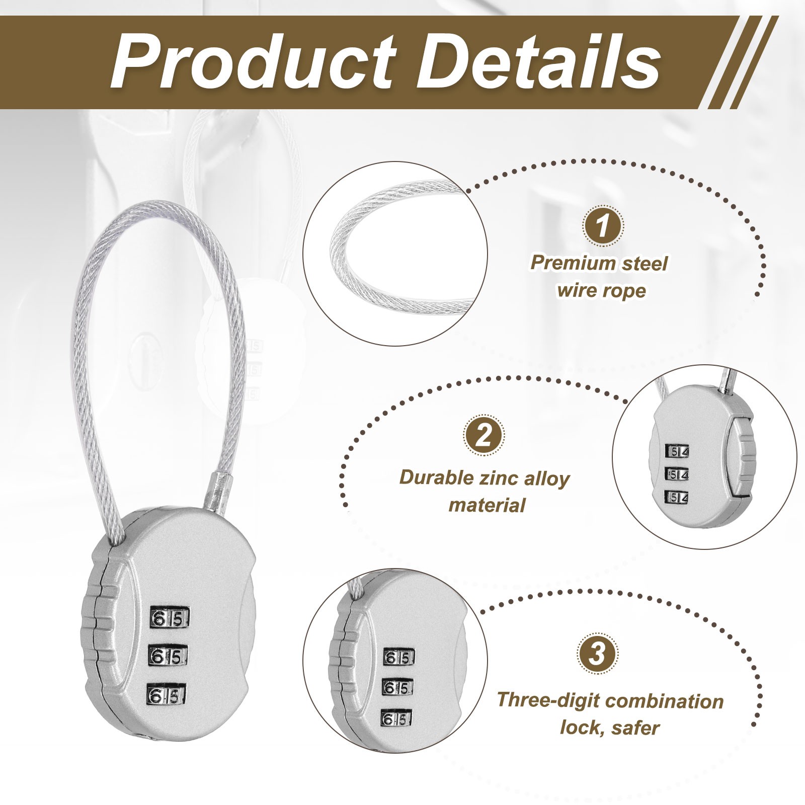1-Pack Combination Padlock, 3 Digit Round Shaped Cable Luggage Lock [Silver]