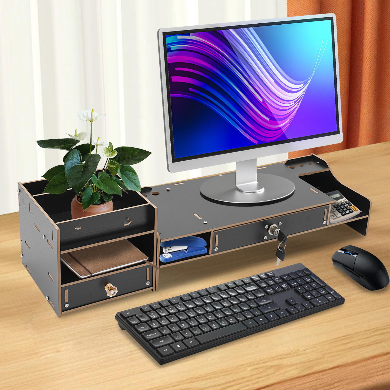 Lockable Drawer Monitor Riser with 180° Rotation – Black Desktop Organizer