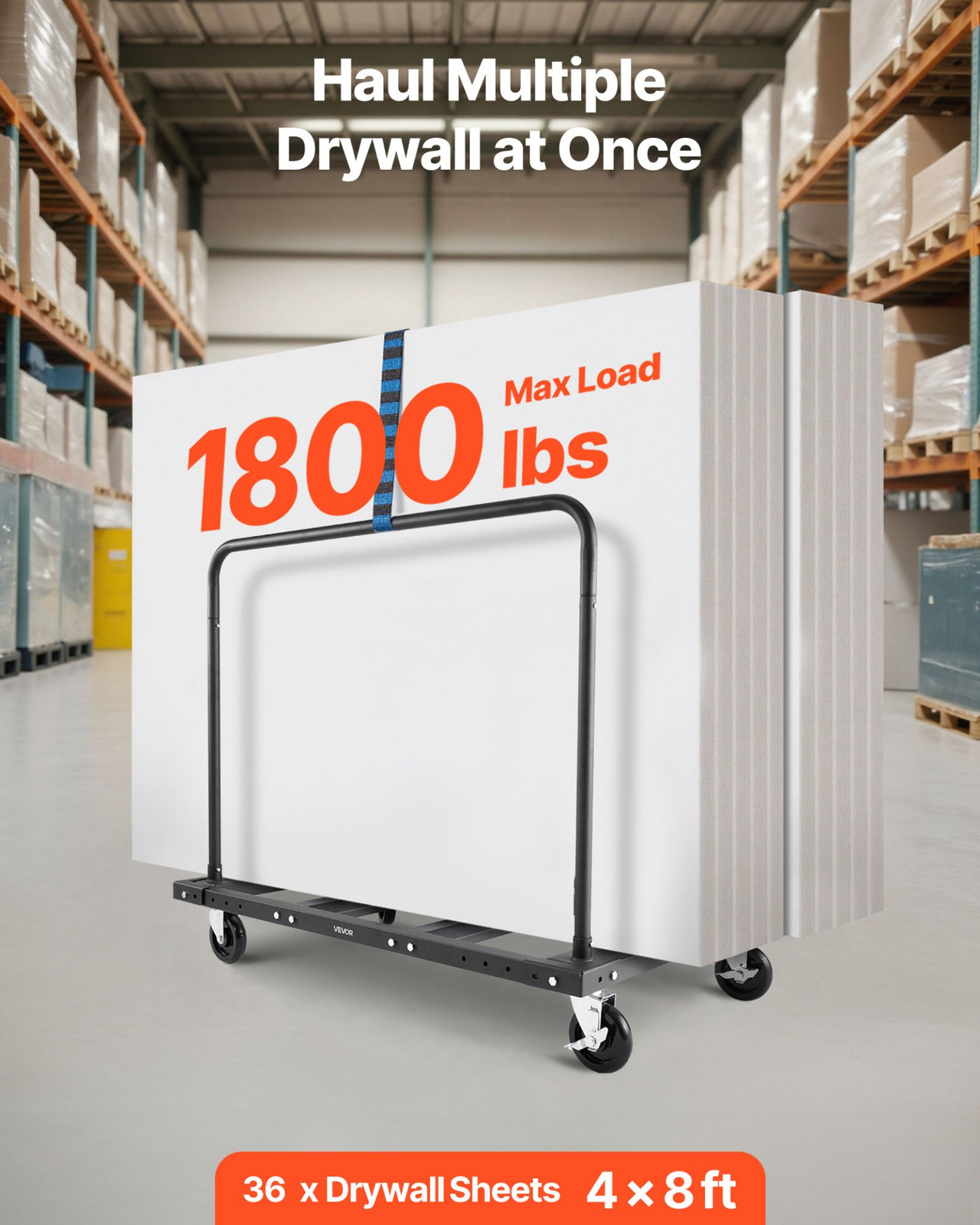 Drywall Cart Dolly 1800 lbs Steel Panel Truck Cart with 2 Side Handrails
