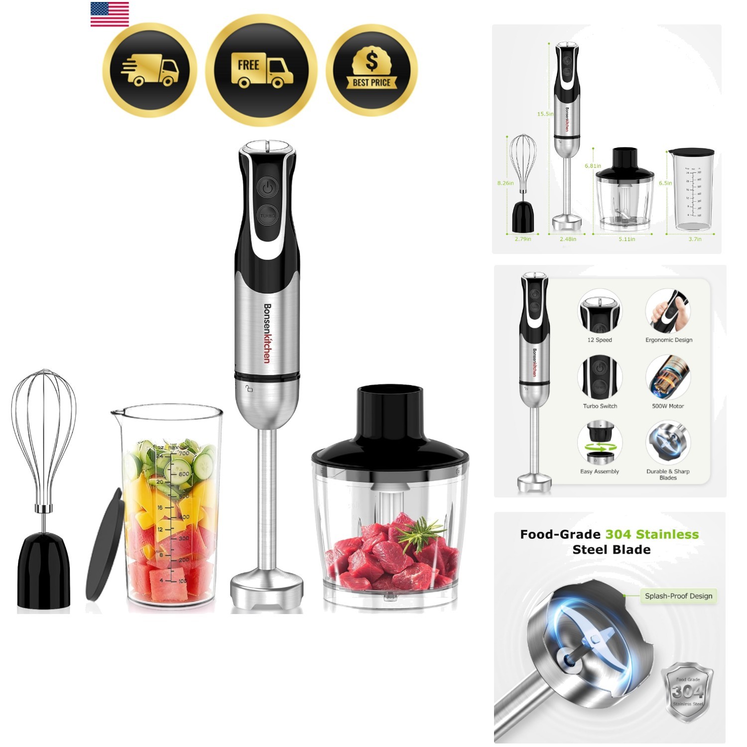 4-in-1 Immersion Blender Handheld with Food Processor, 12 Speeds Hand Blender...