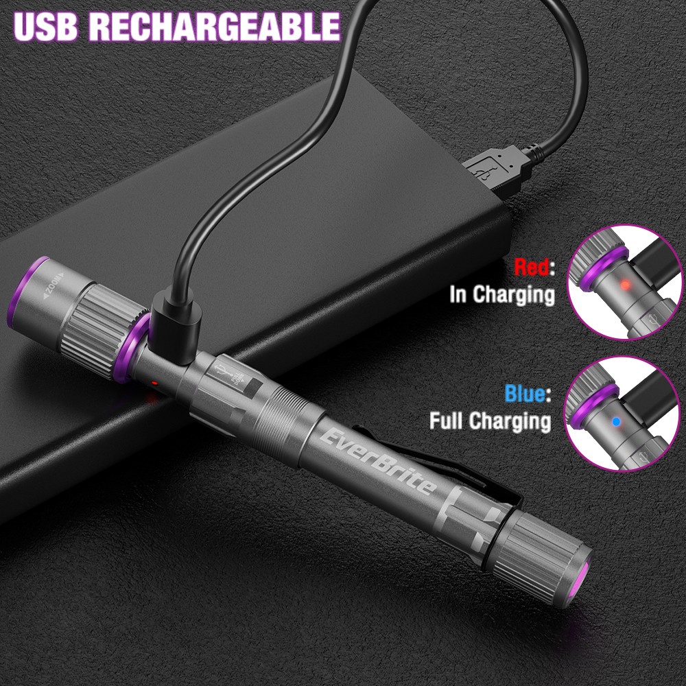EverBrite Rechargeable LED Pen Flashlight 395nm Black Flashlights UV White Light