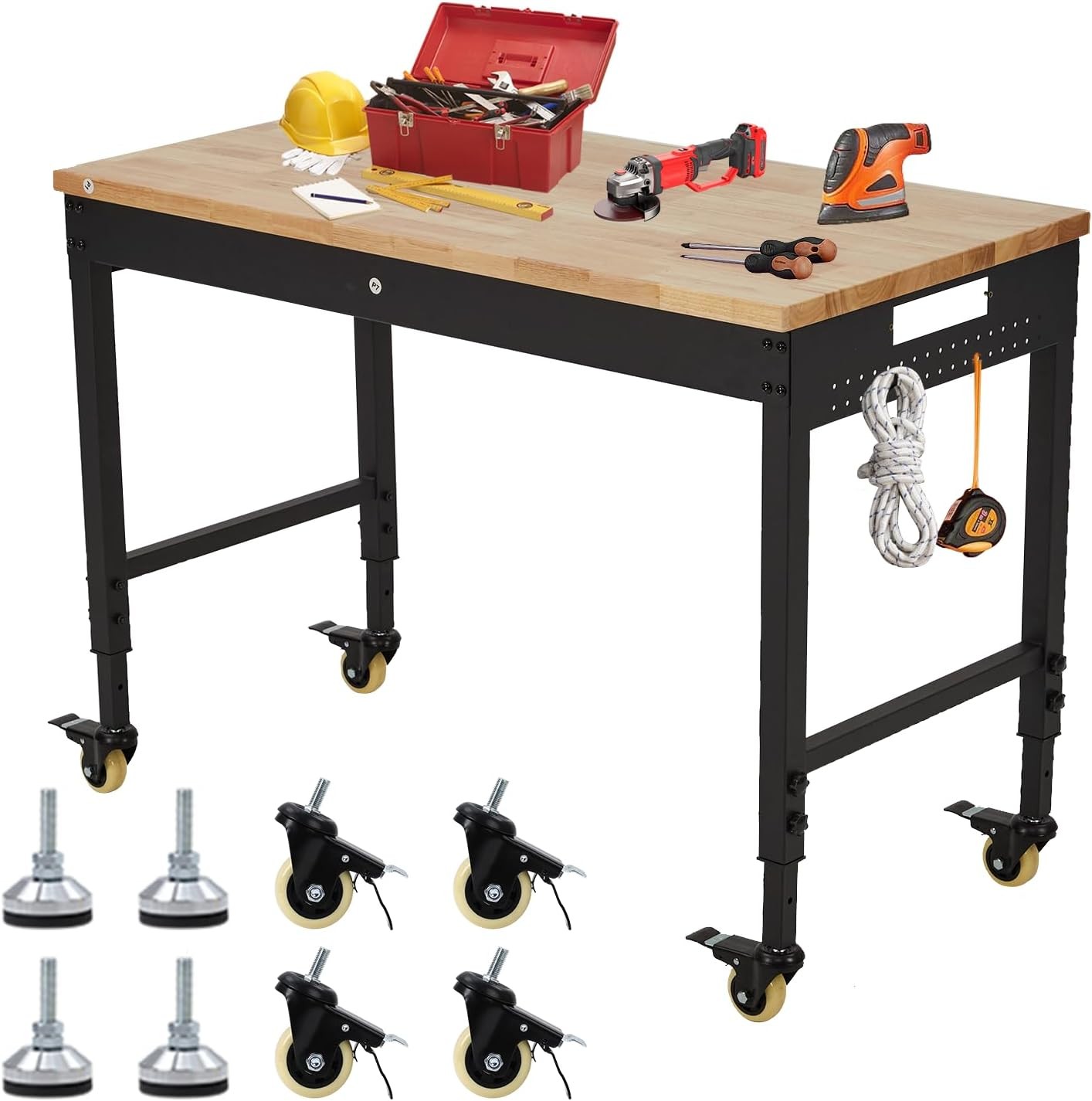 48"X24" Heavy Duty Rolling Workbench with Power Strip & LED, Adjustable Height