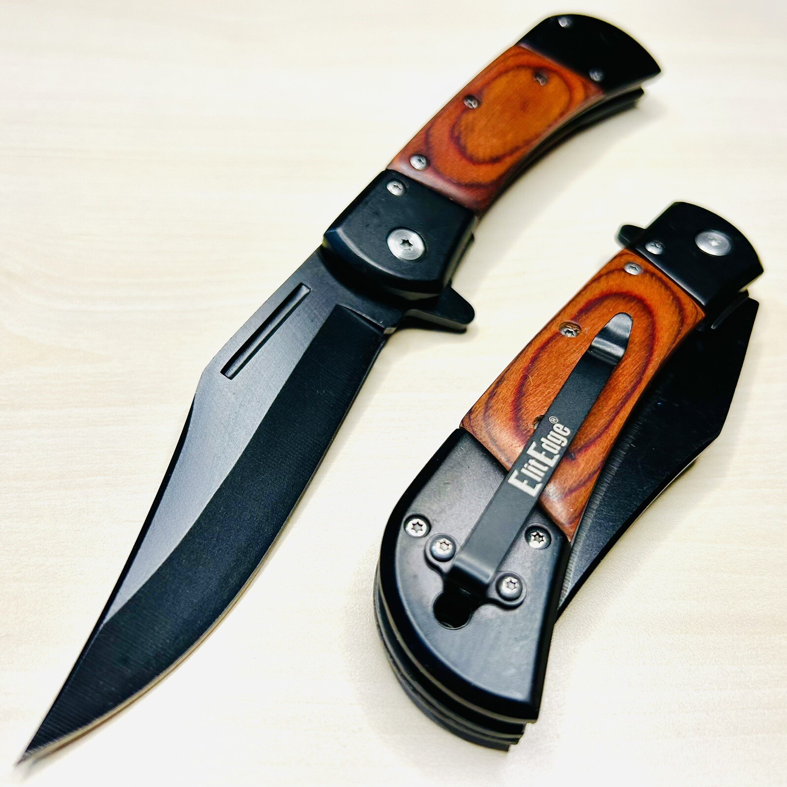 8.75”Wood Black Tactical Spring Assisted Open Blade Folding Pocket Knife Hunting