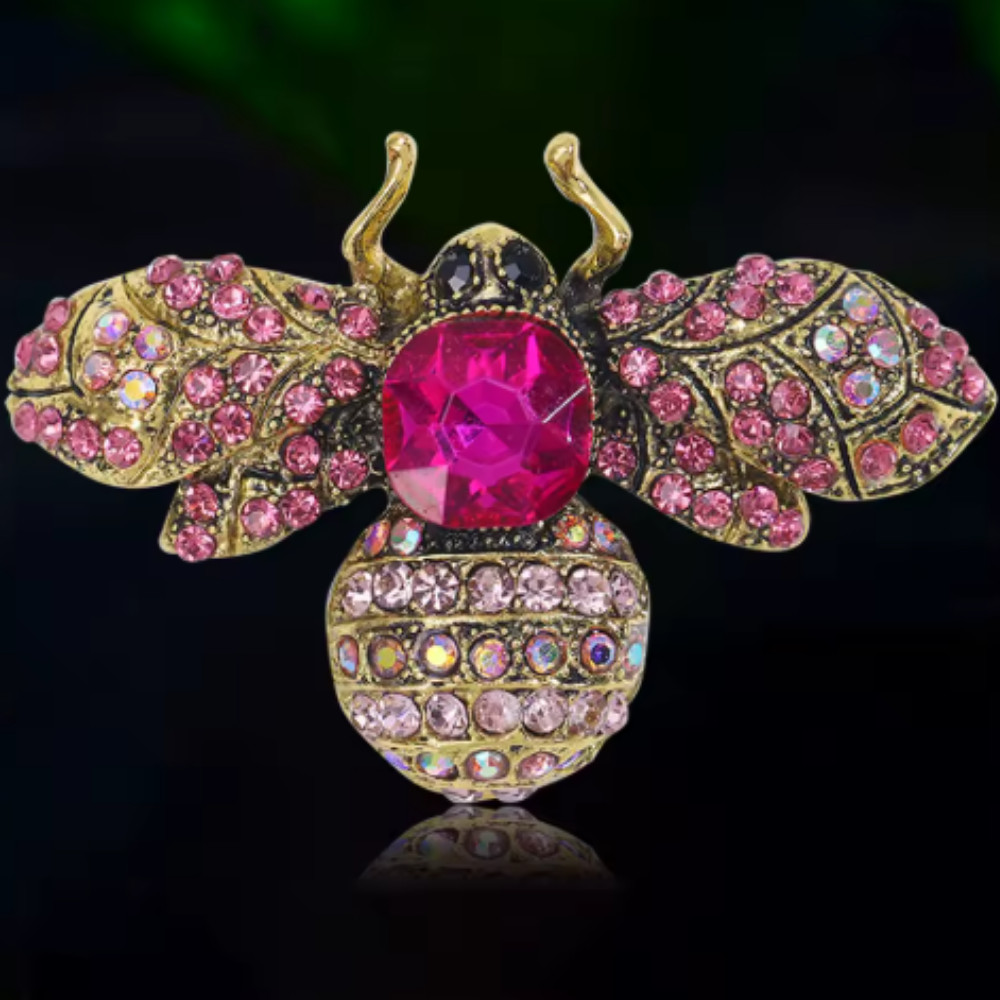 Stunning Pink Crystal Bee Gold Brooch Pin Rhinestone Insect Jewelry Summer Gift