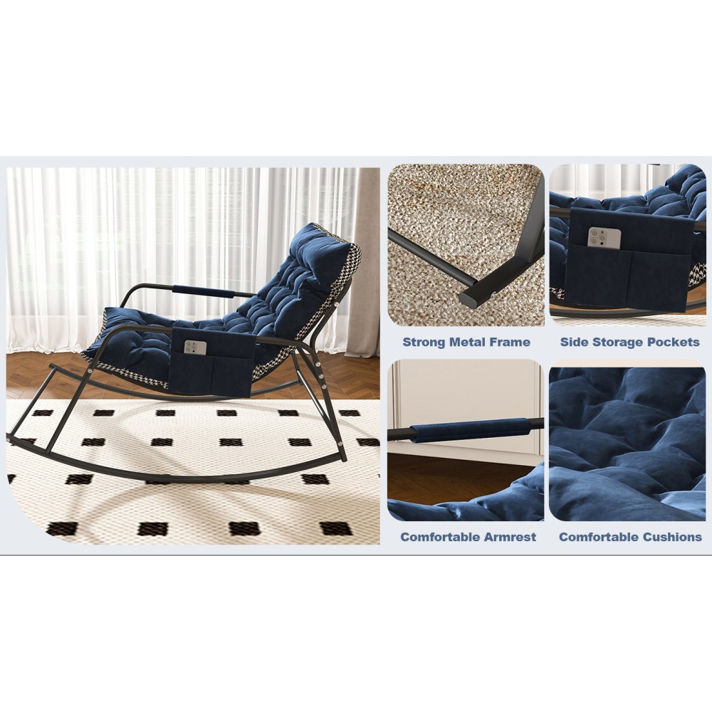 All-Season Comfort Lounge Rocking Chair with Storage ,Cushions & Armrests Blue