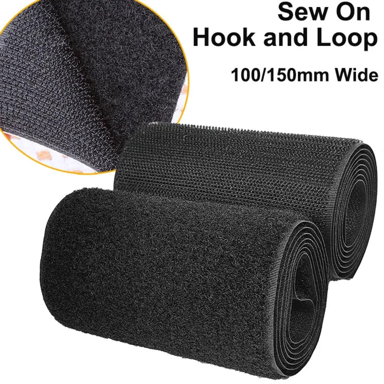 Hook And Loop Tape Non Adhesive 1Meter Sew On Fastener Nylon Strips Fabric Black