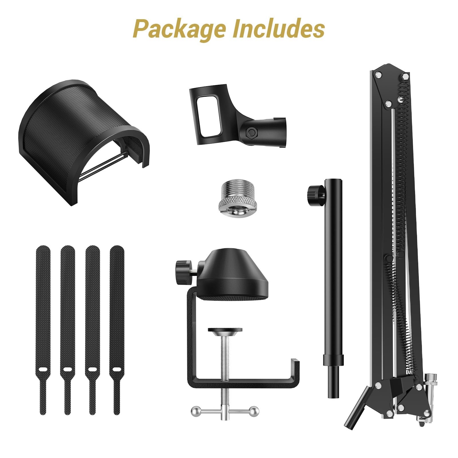 Microphone Boom Arm Adjustable Stand Pop Filter 3/8 & 5/8 Adapter Riser T10L+