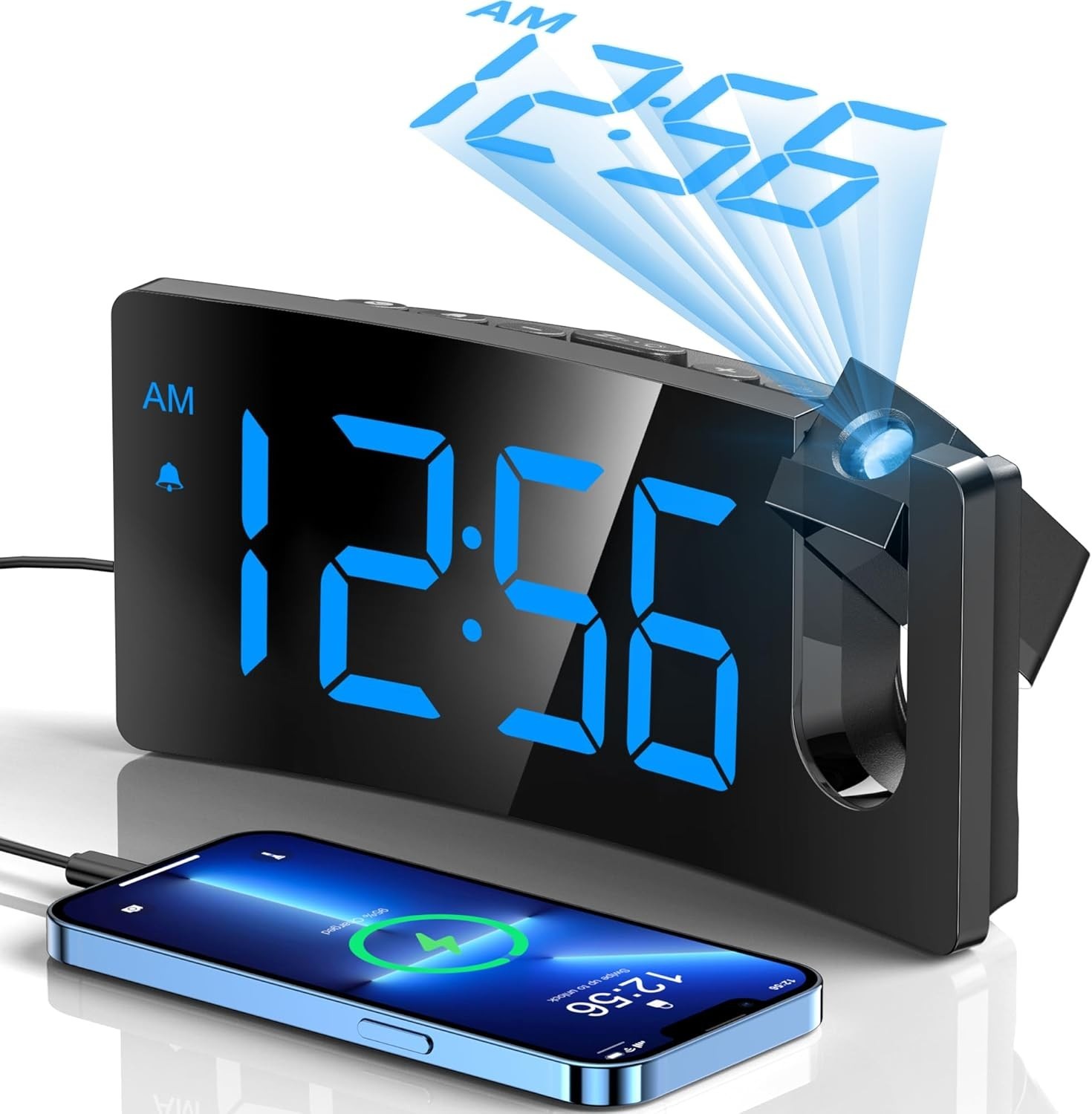 Clear Projection Digital Alarm Clock with Adjustable Brightness & USB Charging