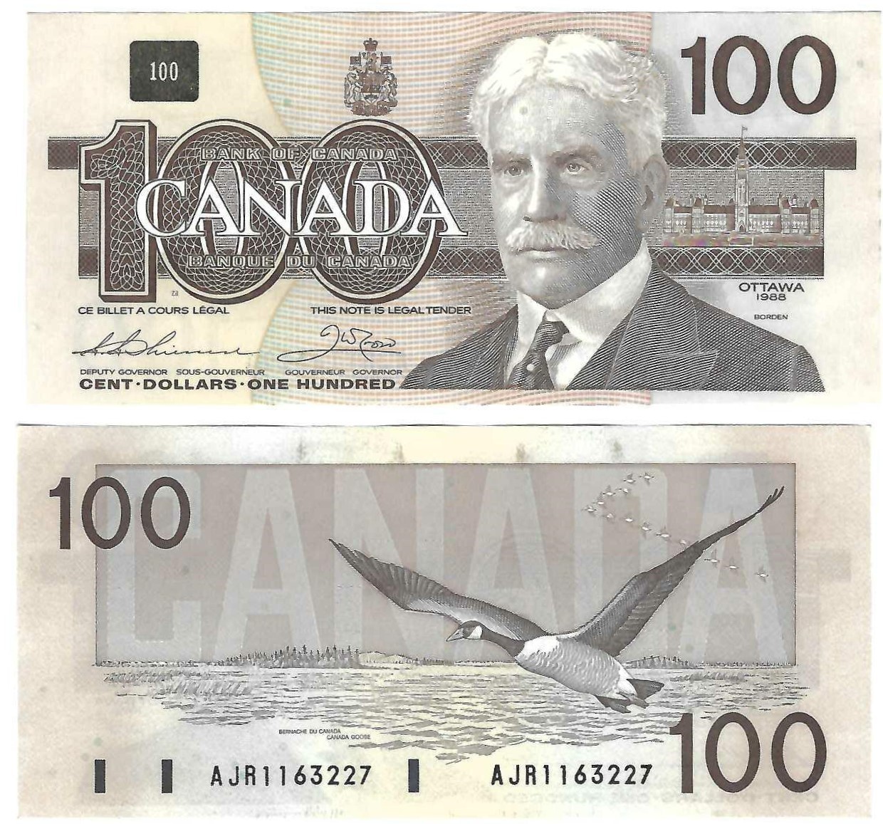 Canada 100 Dollars 1988 aUNC "AJR" Thiessen/Crow