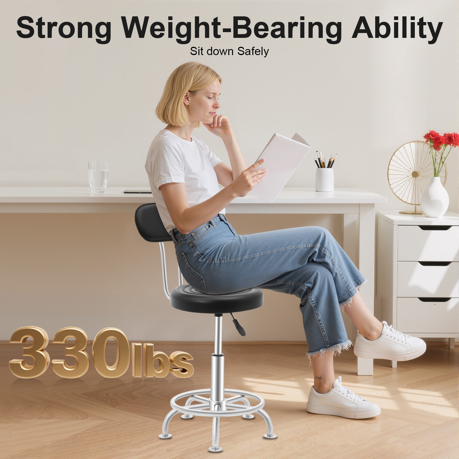 Leather Stool Work Shop Seat Chair Height Adjustable Garage Stool With Backrest