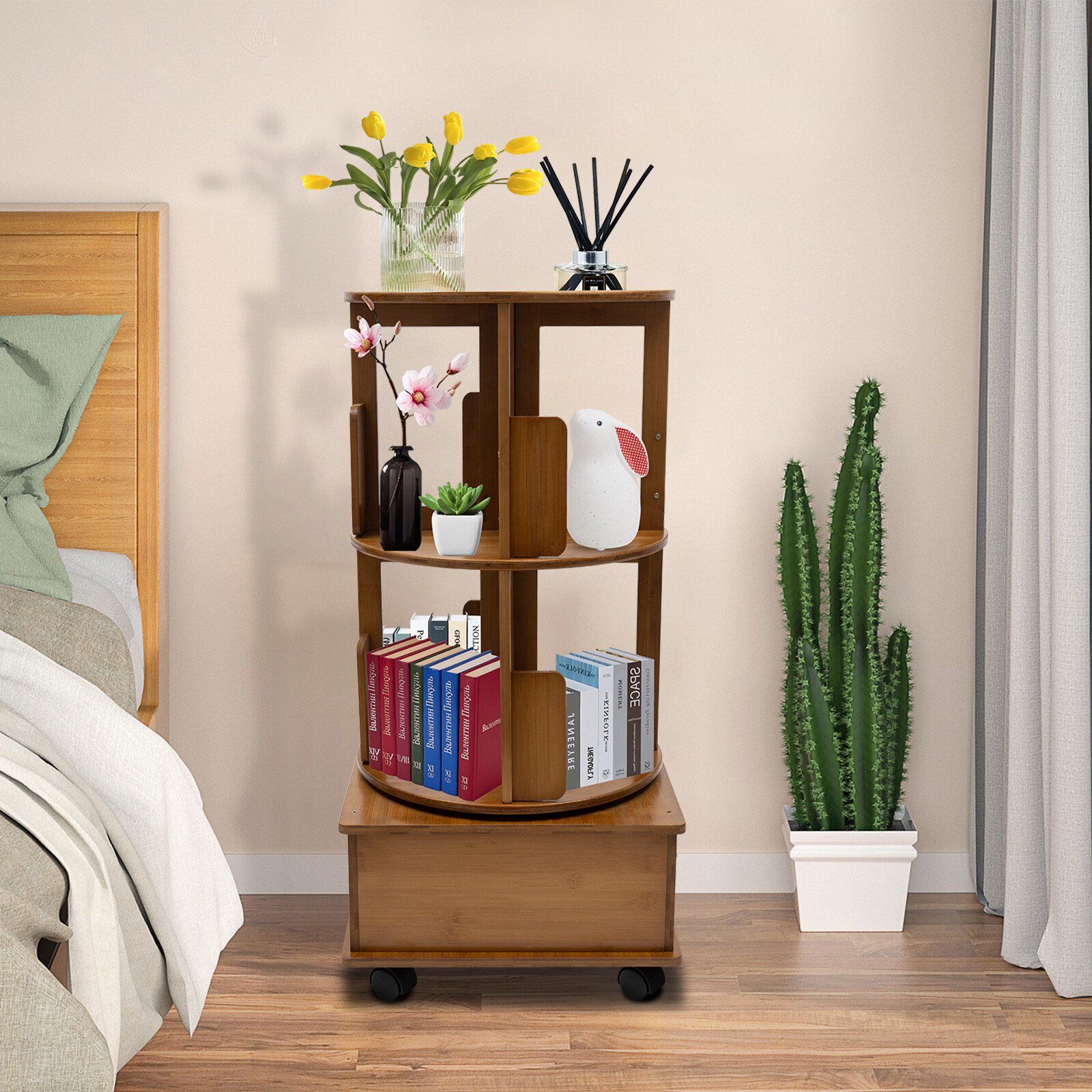 Multi Storage Table, Side Table with Rolling Wheels, Removable Swivel Bookcase