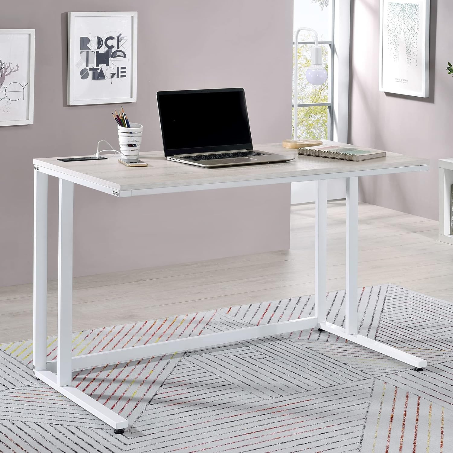 Modern 47" Rectangle Writing Desk with USB Port, Light Oak & White Finish