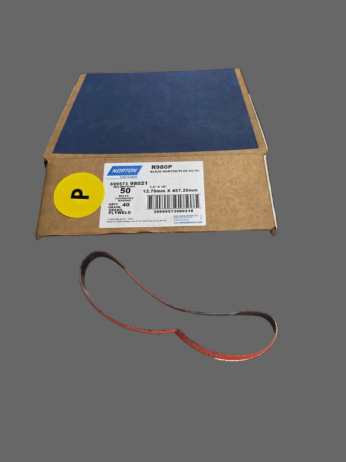 Norton 98021 Blaze R980P Sanding Belt 18" x 1/2" 40 Grit Ceramic 50/Pack