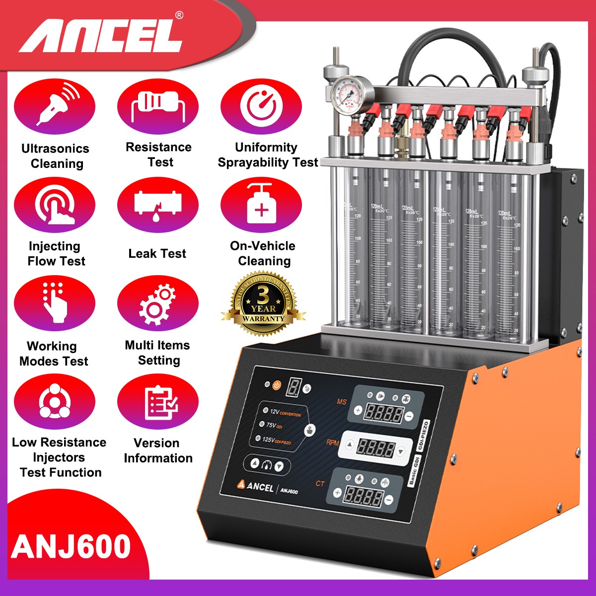 ANCEL 6-cylinder Ultrasonic Cleanning Machine GDI Piezo Fuel Injector Tester