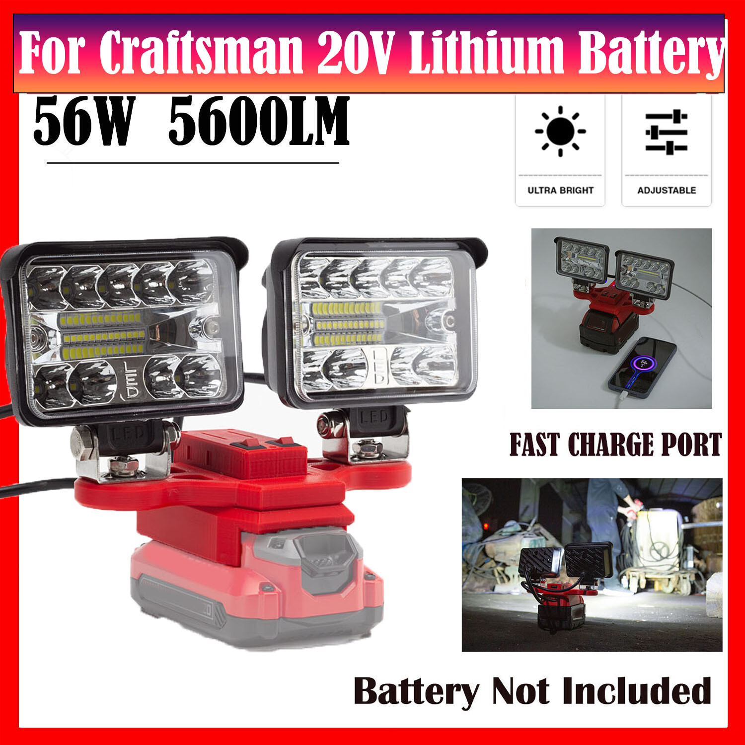 5600LM LED Work Light For Craftsman 20V Lithium Battery with USB Fast Charging