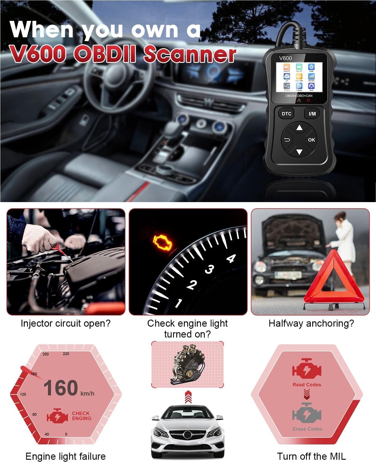 OBD2 Scanner Code Reader, Diagnostic Tool for Engine Error Codes, Voltage Test,