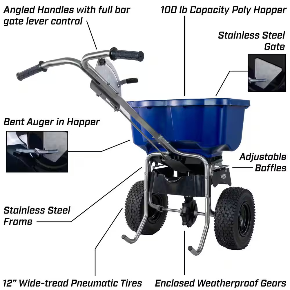 88800B Broadcast Spreader, Rock Salt, Ice Melt, Adjustable Baffles, 12" Tires, E