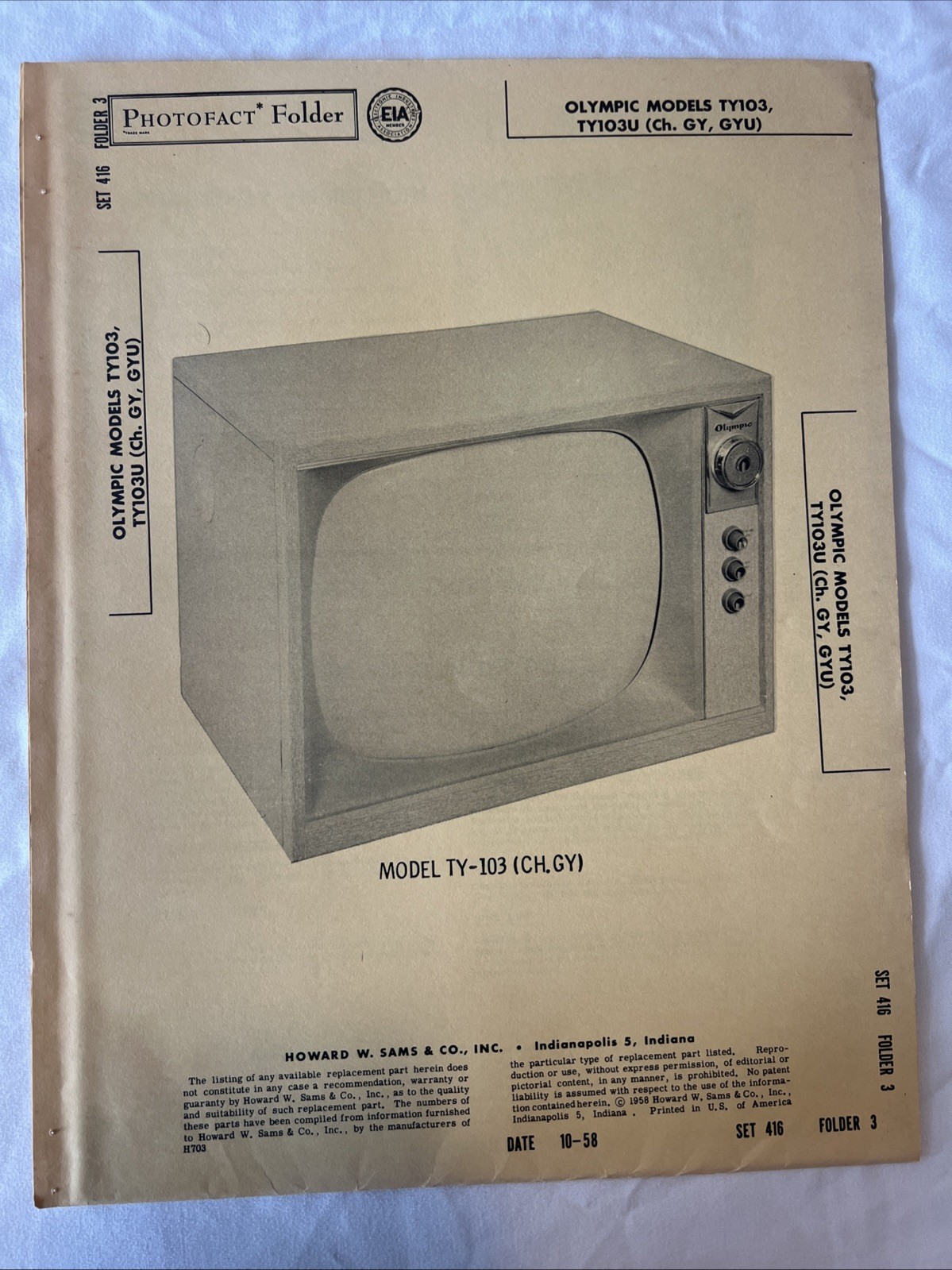 Vintage Sams Photofact Schematic 10-1958 OLYMPIC MODELS TY103, TY103U