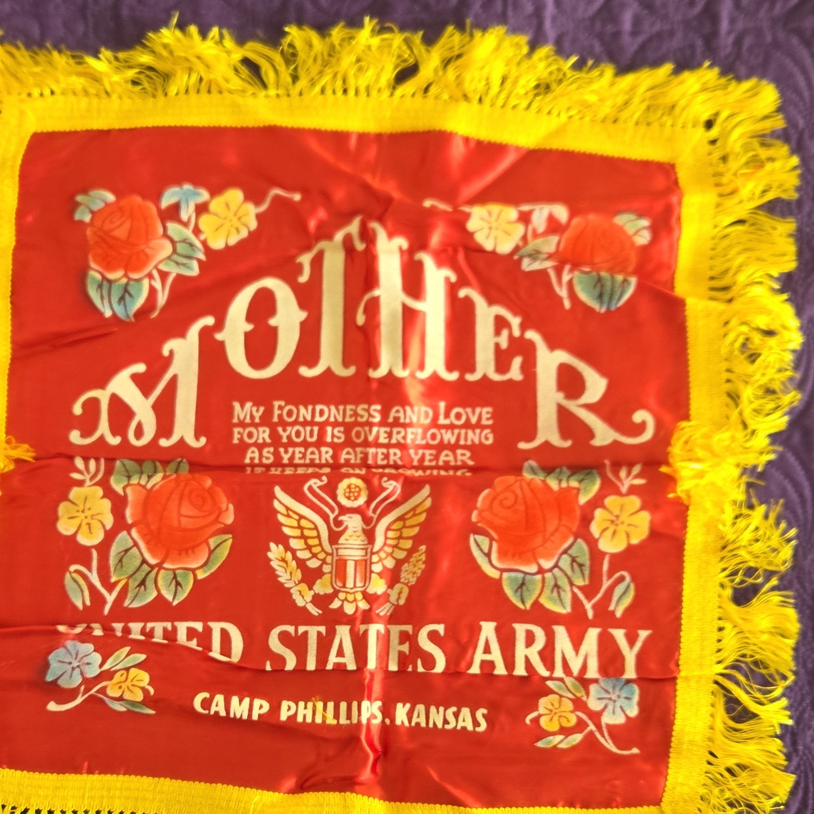 United States Army Camp Phillips Kansas Mother Sentiment Banner Yellow Fringe