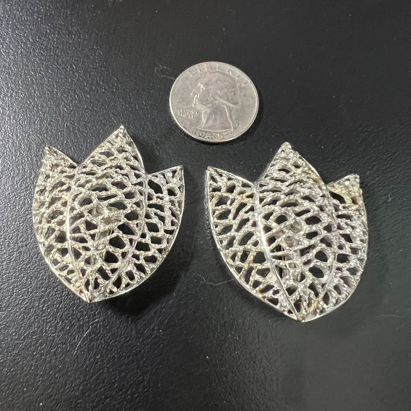 Vintage Emmons Leaf Clip On Earrings Open Metal Work Brushed Silver Tone