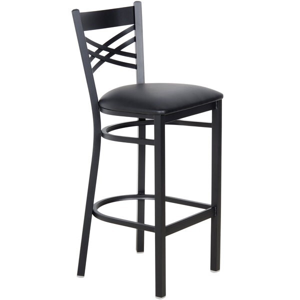 Black Cross Back Metal Restaurant Bar Stool With Black Vinyl Seat