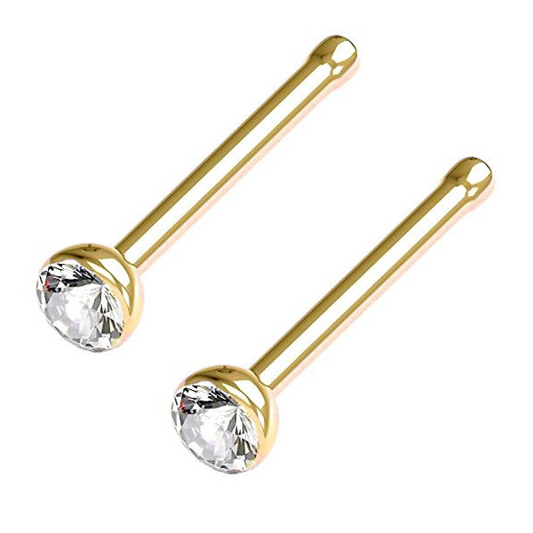 PAIR 20G GOLD TITANIUM 2MM PRESS FIT CZ CLEAR GEM NOSE STUD BONE RING PIERCING