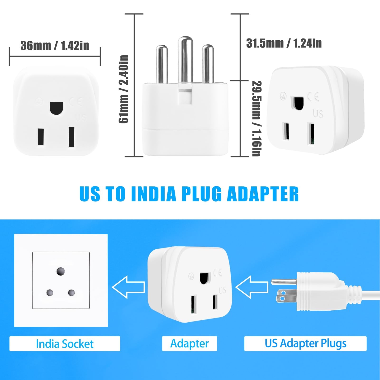 US to India Plug Adapter,Type D Adapter Power Adapte White