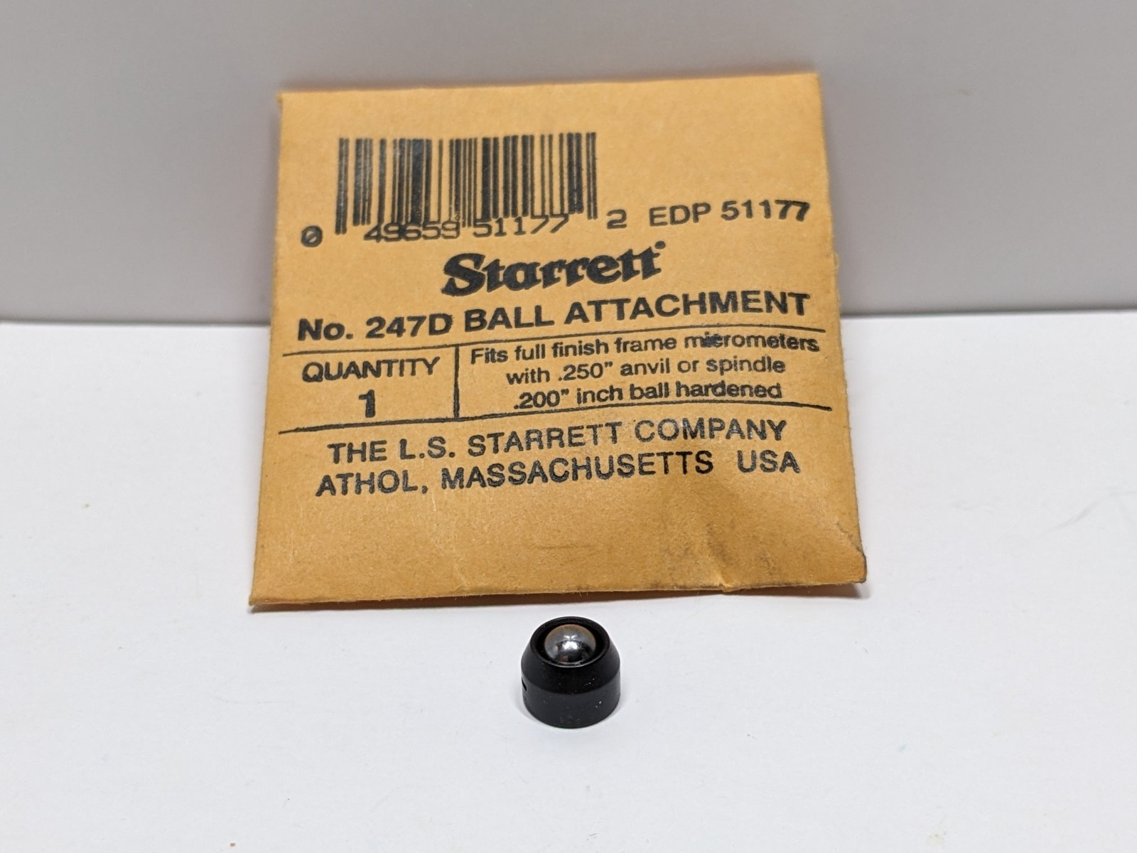 STARRETT No. 247D .200" Ball Attachment For .250" Diameter Anvil Spindle - NOS