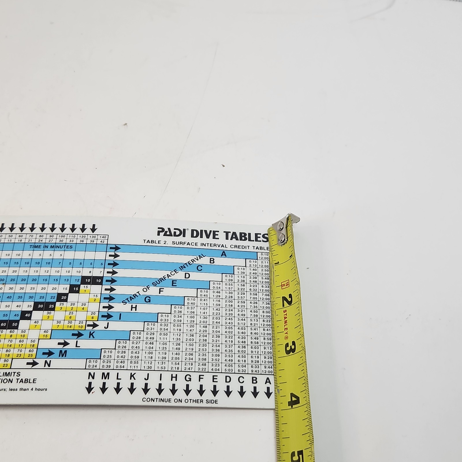 PADI DIVE TABLES Chart - 1983 Plastic Waterproof Laminated