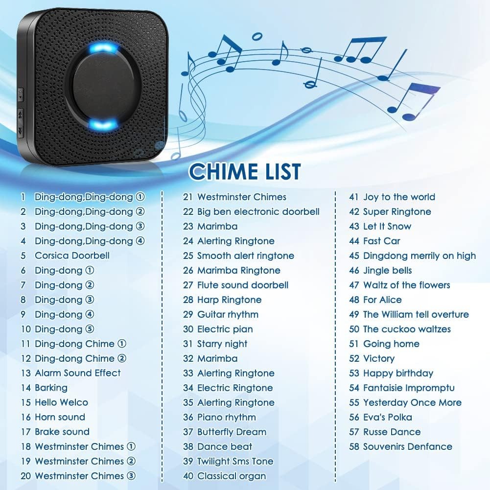 Wireless Doorbell- Waterproof-1300 ft Range-58 Melodies-5 Volume Level-LED Flash