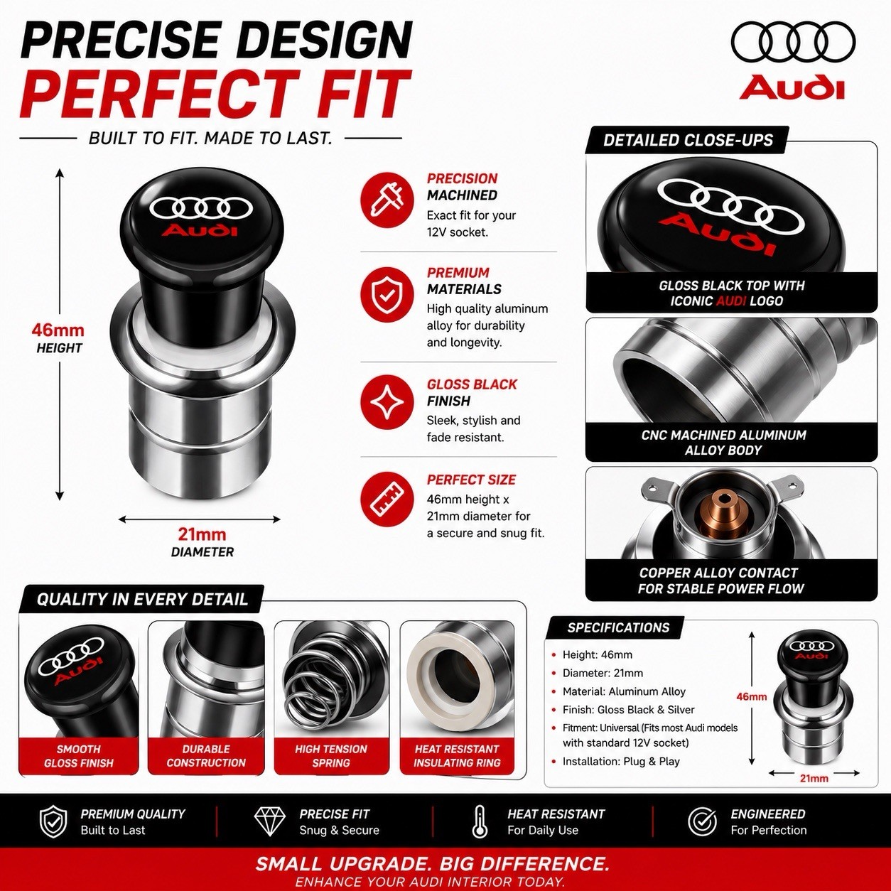 Audi Logo Car Cigarette Lighter Plug Push Button 12V Universal Auto Accessory
