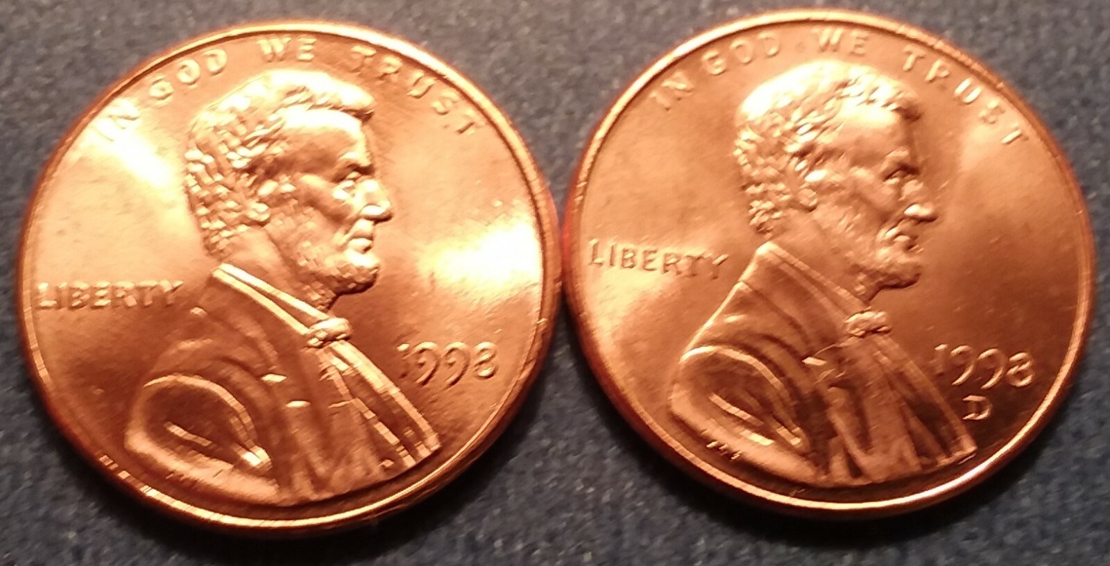 1998 P&D Brilliant Uncirculated Lincoln Cents(2 coins) Ships Free. BU condition.