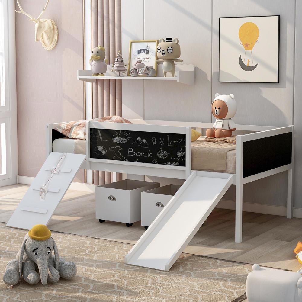 New Practical Twin size Loft Bed Wood Bed w/ Two Storage Boxes - White