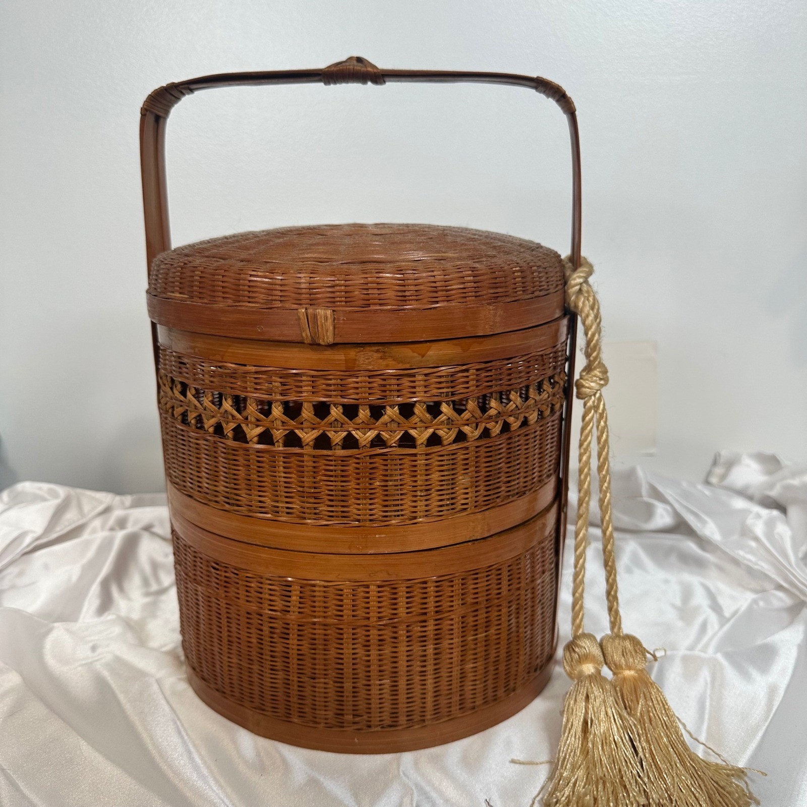 Vintage Asian Style Woven Bamboo Basket with Handle and Tassels