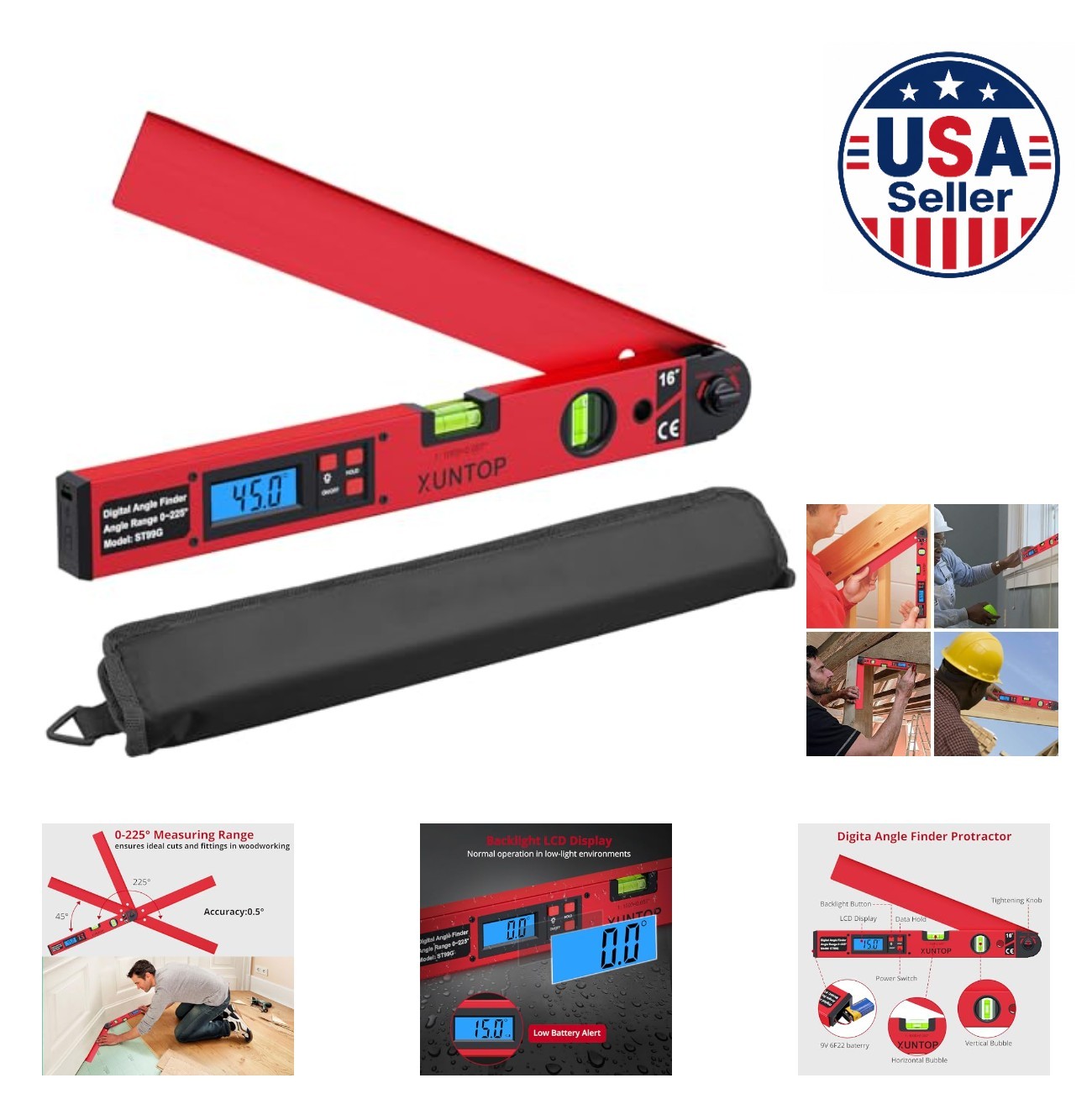 Digital Angle Finder 225 Degree 0.5 Accuracy Aluminum Protractor LCD Display