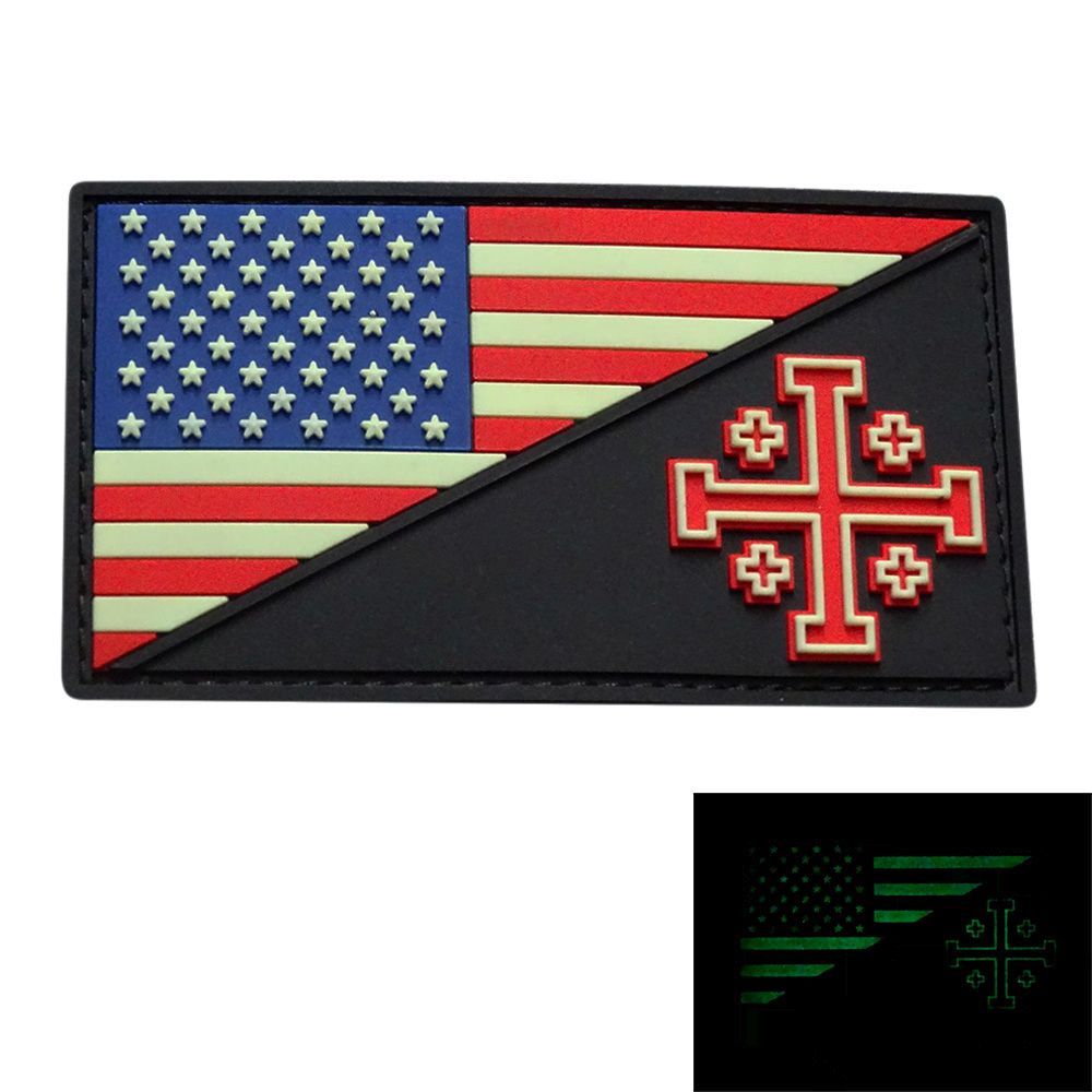 USA Flag Jerusalem Cross Crusader Patch (GLOW DARK 3D-PVC Rubber)